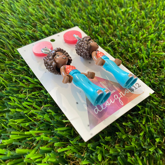 Groovy Blue Jeans Girl Brick Character Dangle Earrings - Featuring Marbled Pink Tops!