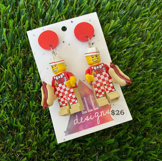 Hot Dog Vendor Man Brick Character - Featuring Red Glitter Acrylic Tops!
