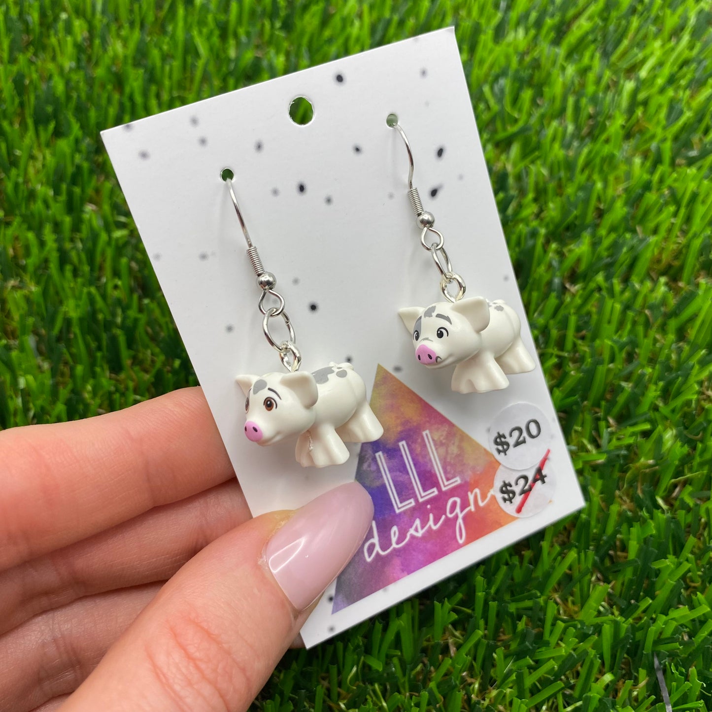 White Pig Brick Animal Hook Earrings - Lightweight!