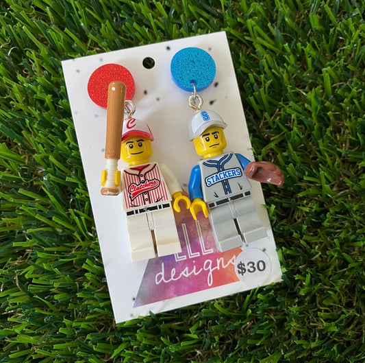 Red And Blue Baseball Player Brick Character With Bat and Mitt - Featuring Red and Blue Glitter Acrylic Tops!