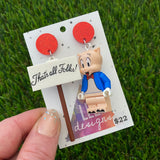 Brick Character Pig in Suit with Sign Dangle Earrings - Featuring Red Glitter Tops!
