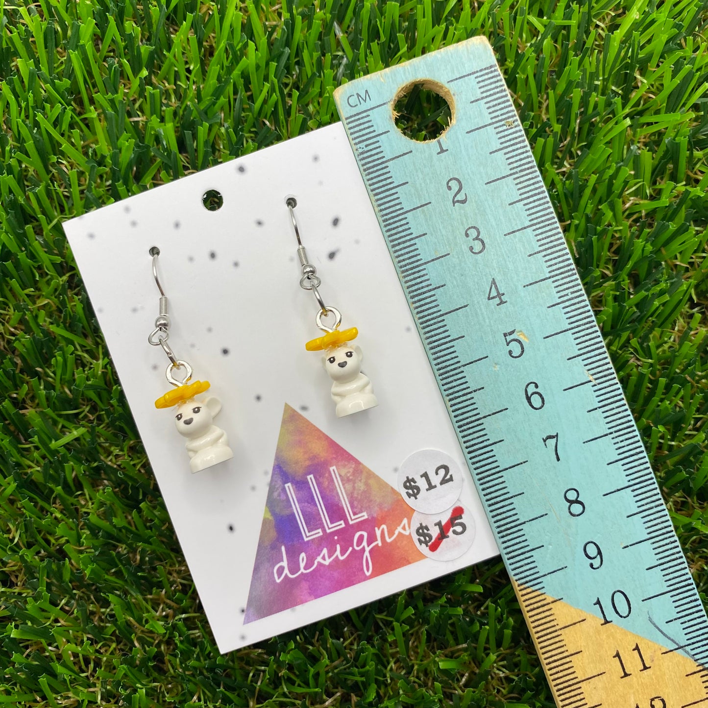 Small Bunny Brick Animal Hook Earrings - Featuring Yellow Bow - Super Lightweight!