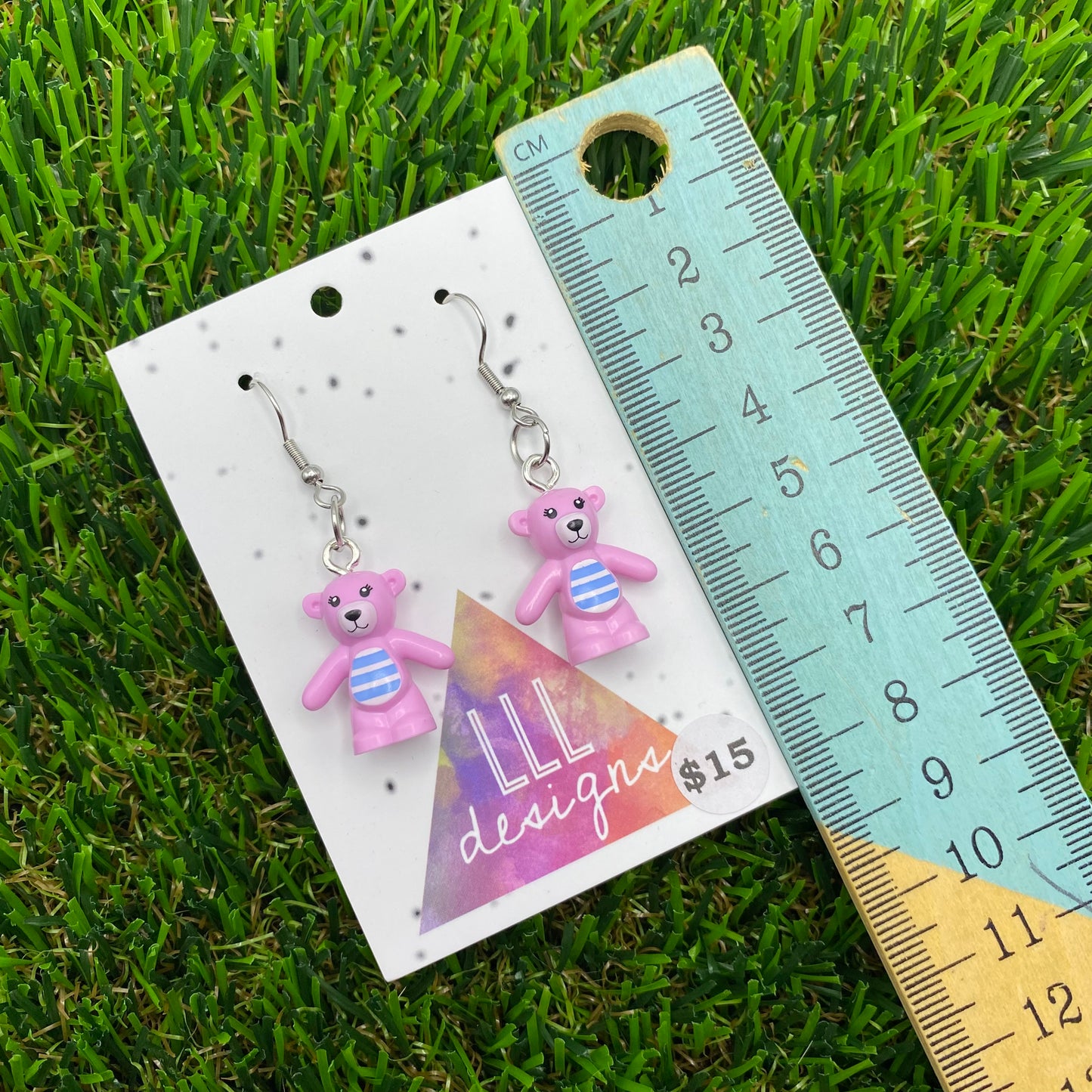 Pink Teddy Bear Brick Animal Hook Earring - Lightweight!