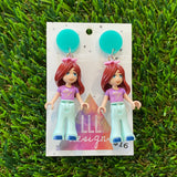 Brunette Groupie Girl Brick Character Dangle Earrings - Featuring Teal Tops!