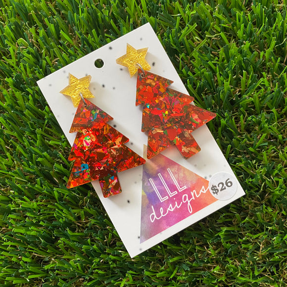 Red Toned Rainbow Metallic Glitz Christmas Tree Statement Dangle Earrings with Gold Glitz Star Tops. #festiveaf