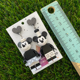 Brick Character Black and White Mouse Couple Dangle Earrings - Featuring Black Glitter Heart Shaped Tops!