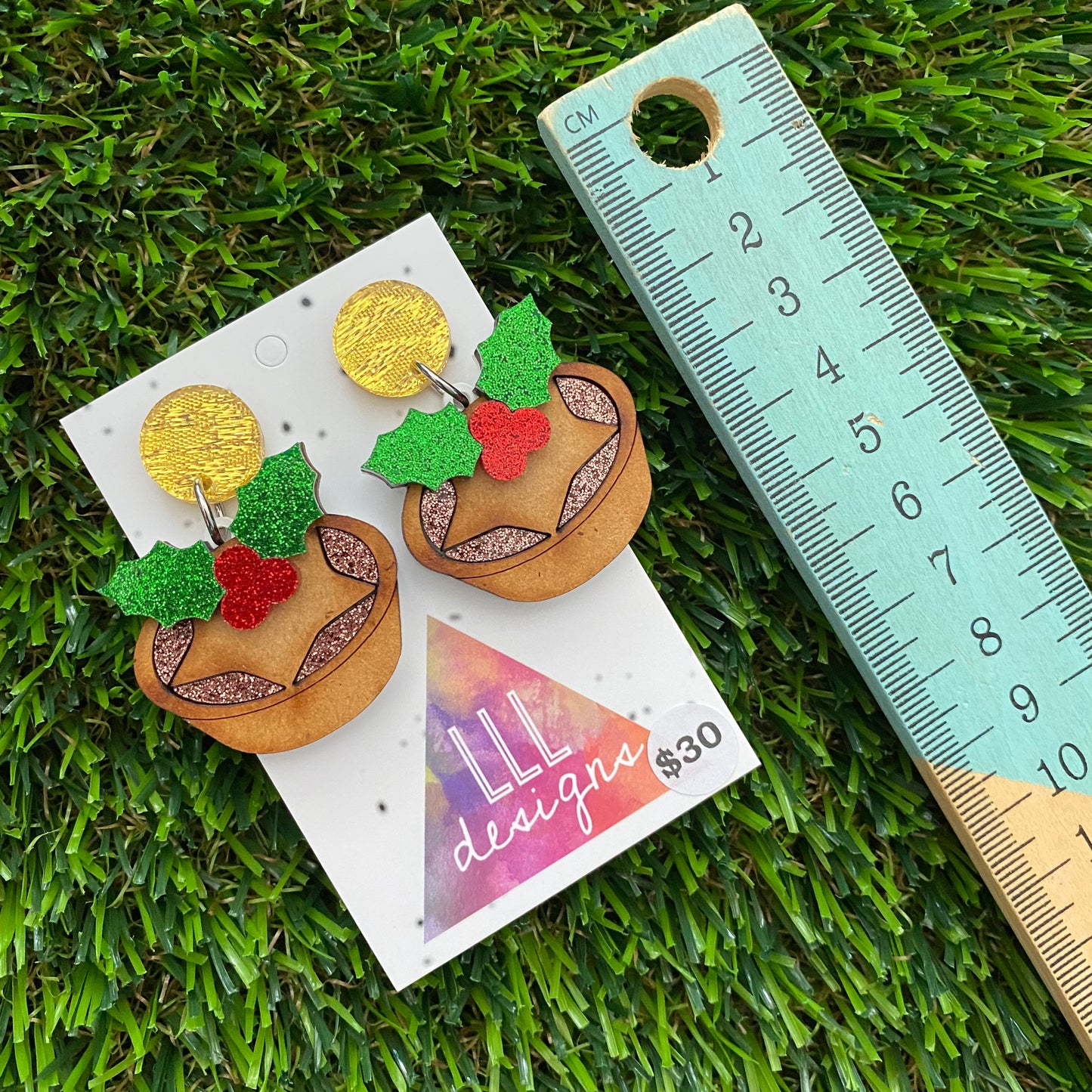 Christmas Mince Pies Dangle Earrings - Featuring Dazzling Gold Tops.