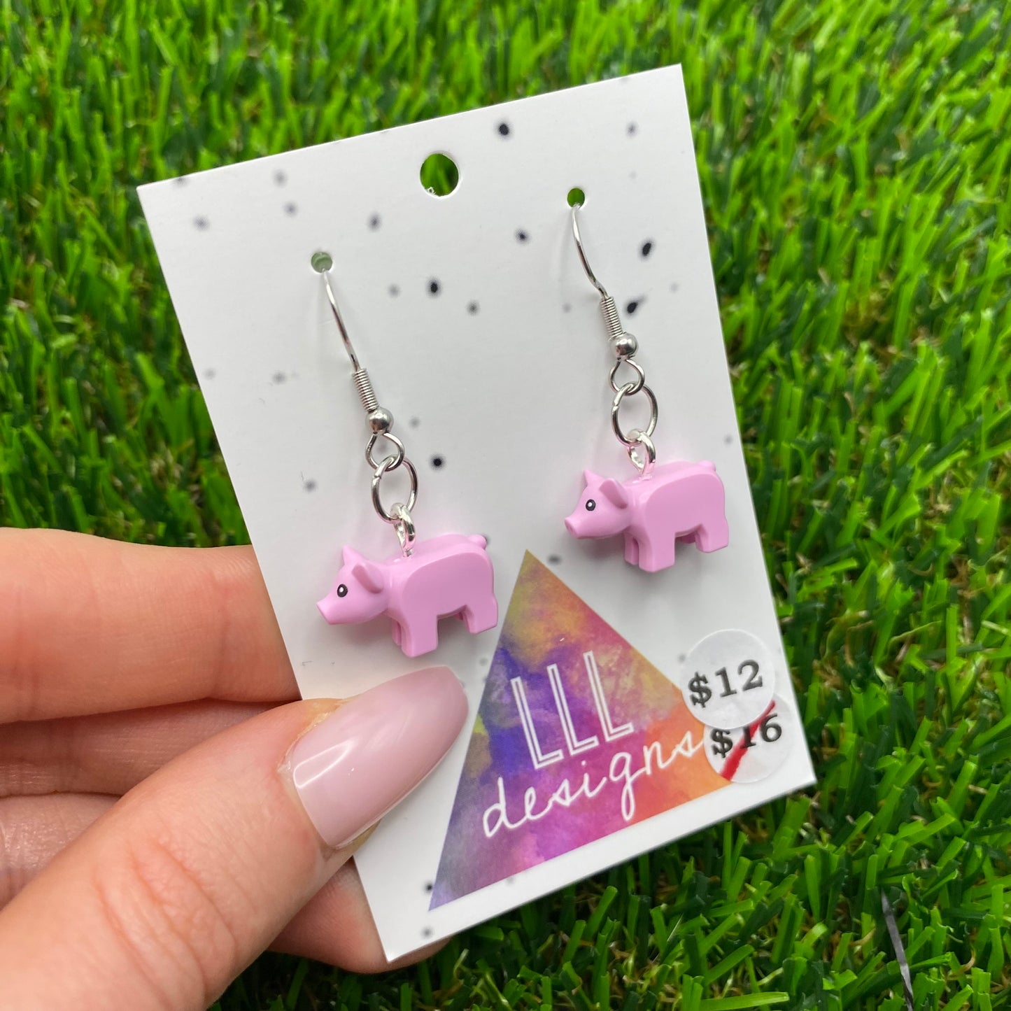 Pink Pig Brick Animal Hook Earrings - Super Lightweight!