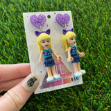 Purple Kitty Girl Brick Character Dangle Earrings - Featuring Purple Glitter Heart Shaped Tops!