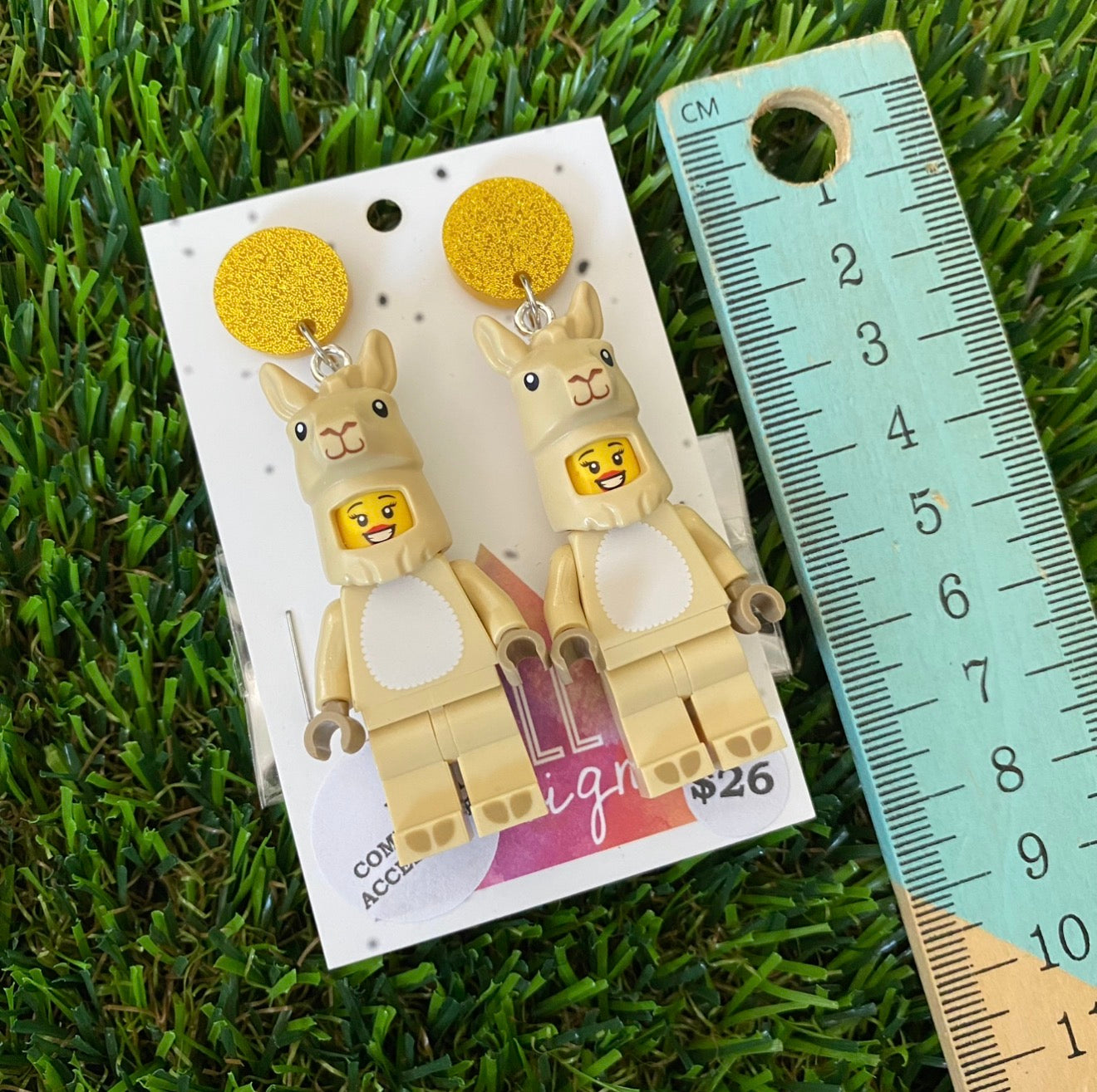 Llama/Alpaca Costume Brick Character With Carrot Accessory - Featuring Yellow Glitter Acrylic Tops!