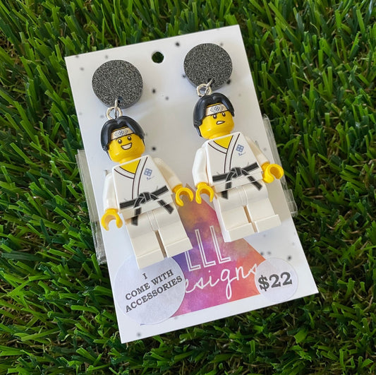 Karate Student Brick Character With Nunchucks Accessory - Featuring Black Glitter Acrylic Tops!