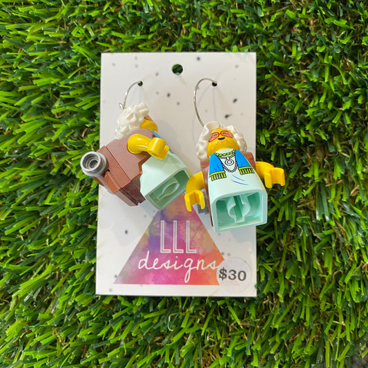 Hippie Backpacking Grandma Brick Character Dangle Earrings - Featuring Surgical Stainless Steel Silver Hoops!
