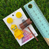 Brick Character Yellow Bird with Hammer Dangle Earrings - Featuring Yellow Tops!