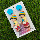Growing Nose Puppet Boy Brick Character Dangle Earrings - Featuring Blue Glitter Tops!