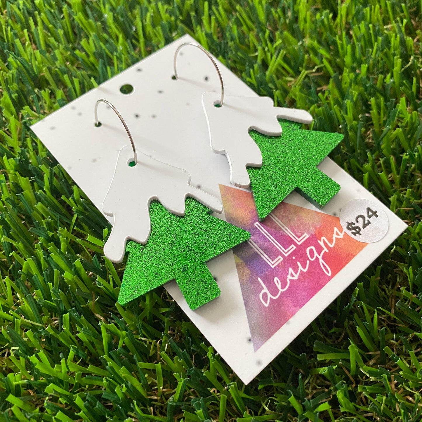 Snow-Capped Glittery Green Acrylic Christmas Tree Hoop Earrings.