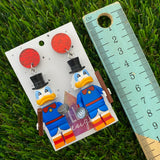 Brick Character Top Hat Duck Dangle Earrings - Featuring Red Fabric Tops!