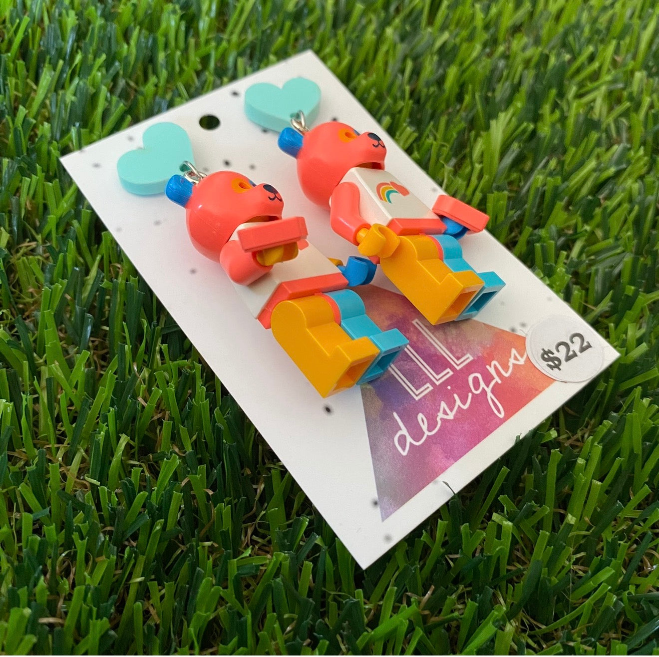 Rainbow Heart Bear Brick Character - Featuring Mint Heart Acrylic Tops!