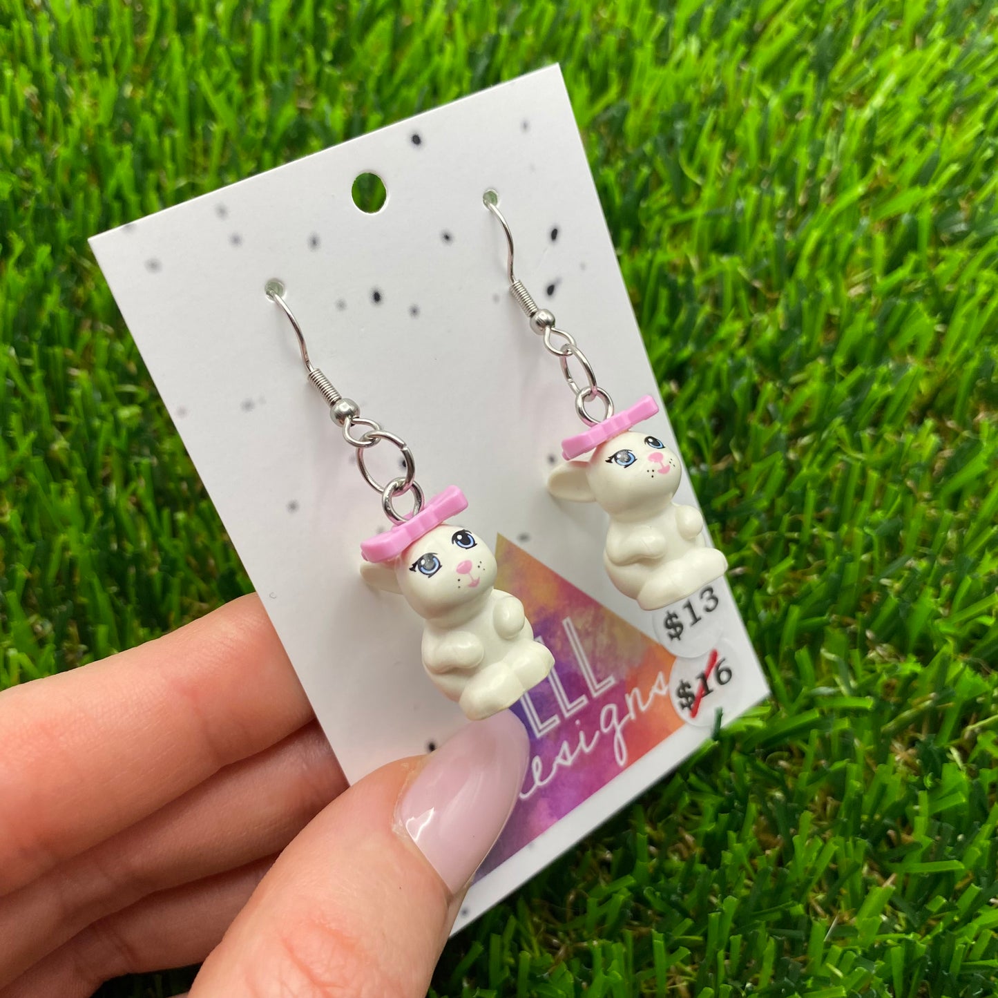 White Bunny Brick Animal Hook Earrings - Featuring Pink Flower - Lightweight!