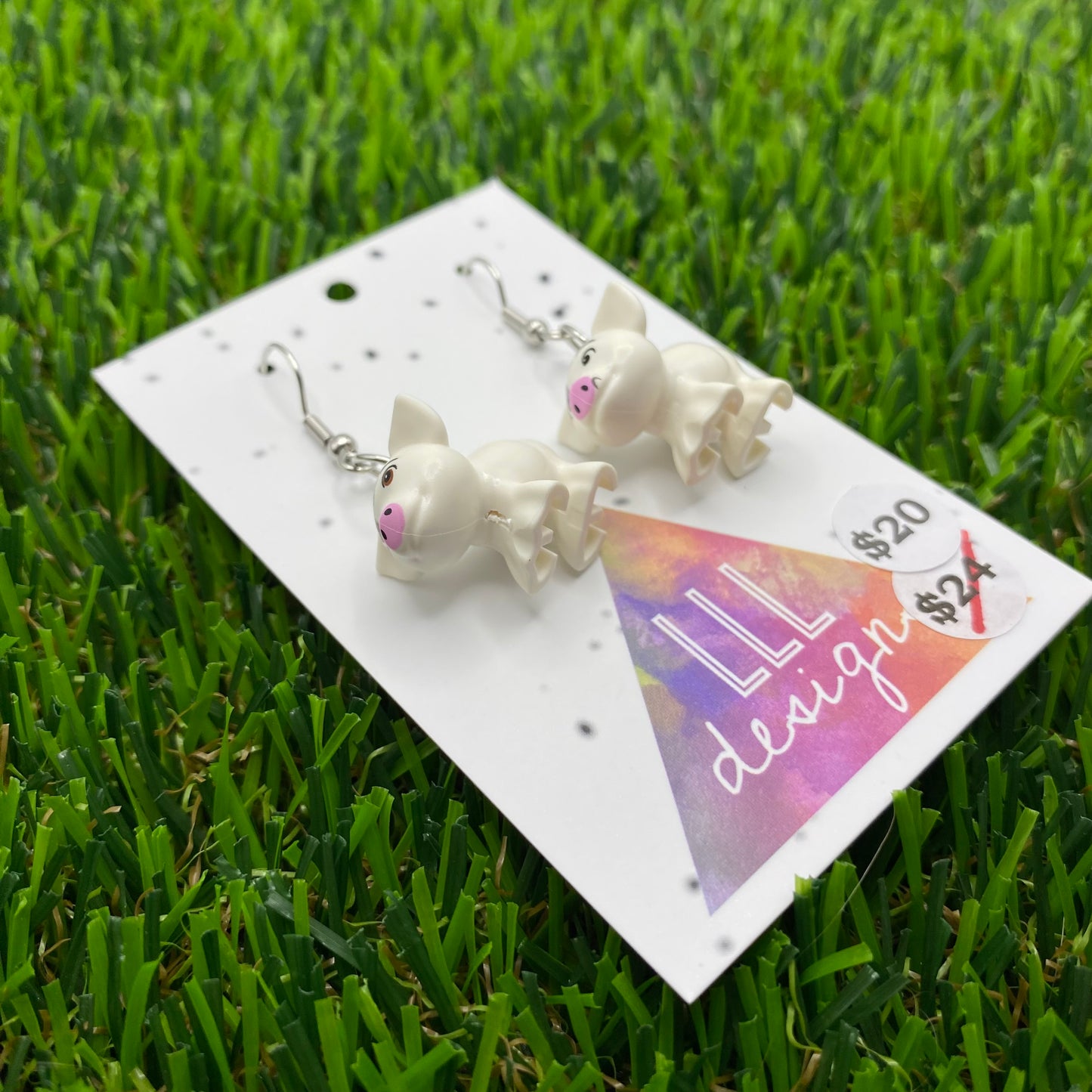 White Pig Brick Animal Hook Earrings - Lightweight!