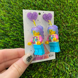Lizzy Brick Character With Magical Hair and Super Cute Face Details Dangle Earrings - Featuring Purple Glitter Heart Shaped Tops!