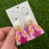 Brick Character Royal Lady with Wig Dangle Earrings - Featuring Surgical Stainless Steel Silver Hoops!