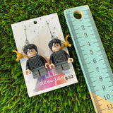 Competitive Wizard Boy Brick Character with Golden Winged Accessory Dangle Earrings - Featuring Surgical Stainless Steel Silver Hoops