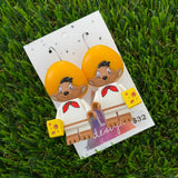 Brick Character Sombrero Mouse with Cheese Dangle Earrings - Featuring Surgical Stainless Steel Silver Hoops!