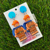 Strong Caped Hero Brick Character Dangle Earrings and Accessories - Featuring Blue Glitter Tops!