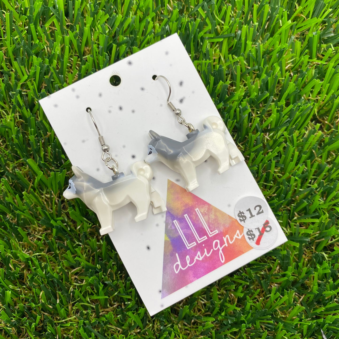 Gray And White Husky Brick Animal Hook Earrings!