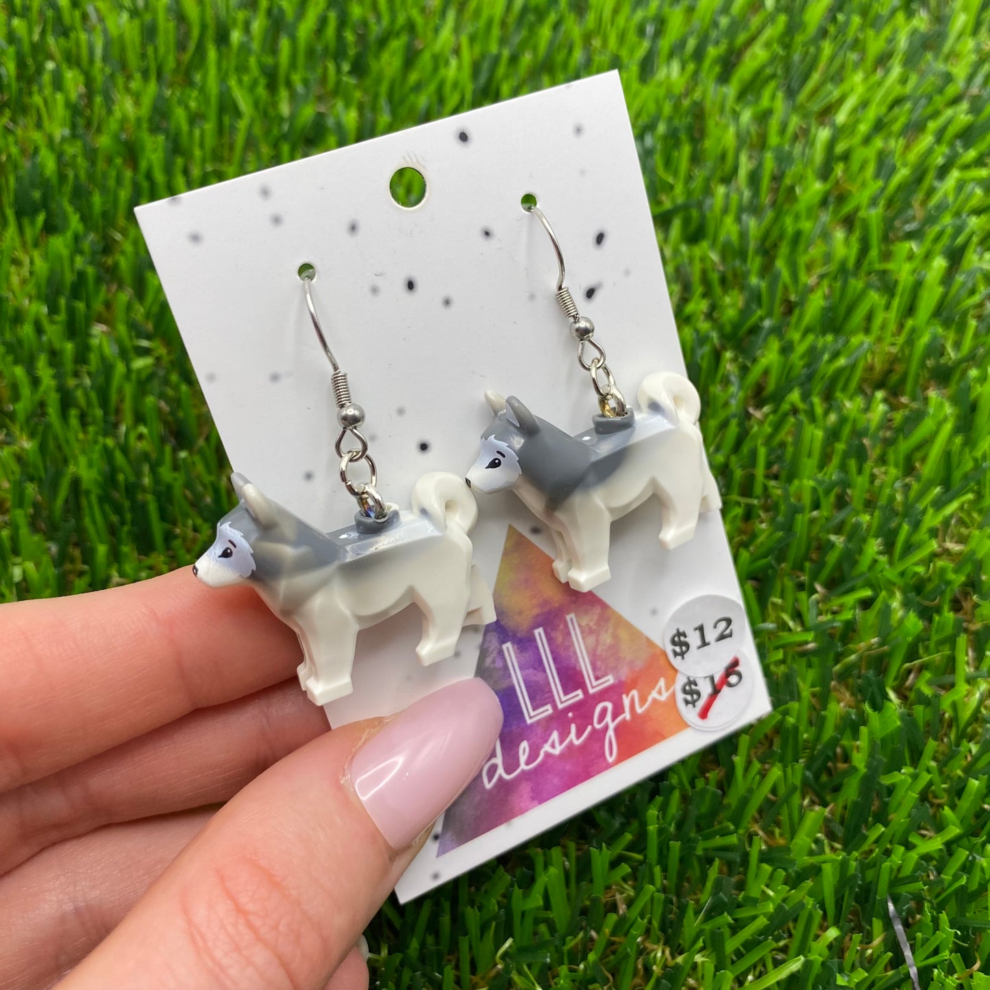 Gray And White Husky Brick Animal Hook Earrings!
