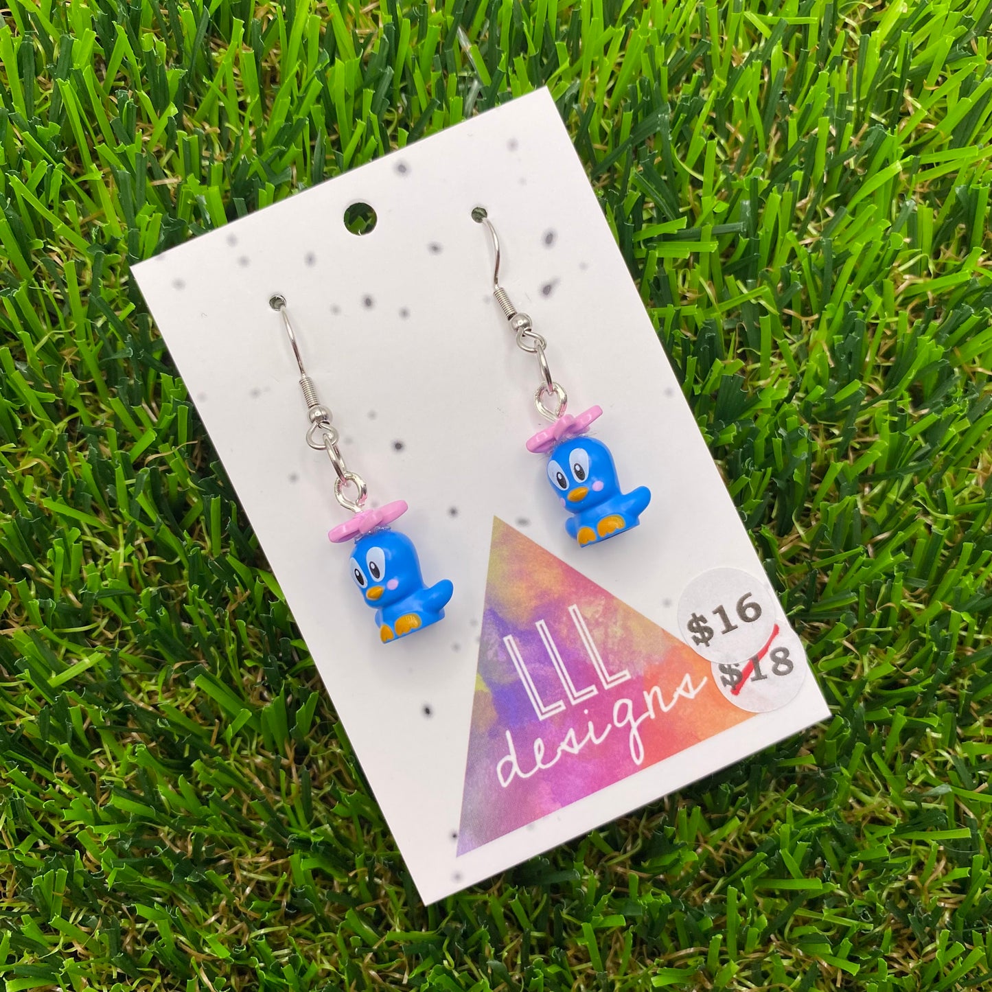 Small Blue Cartoon Bird Brick Animal Hook Earrings - Featuring Pink Flower - Super Lightweight!