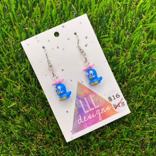 Small Blue Cartoon Bird Brick Animal Hook Earrings - Featuring Pink Flower - Super Lightweight!