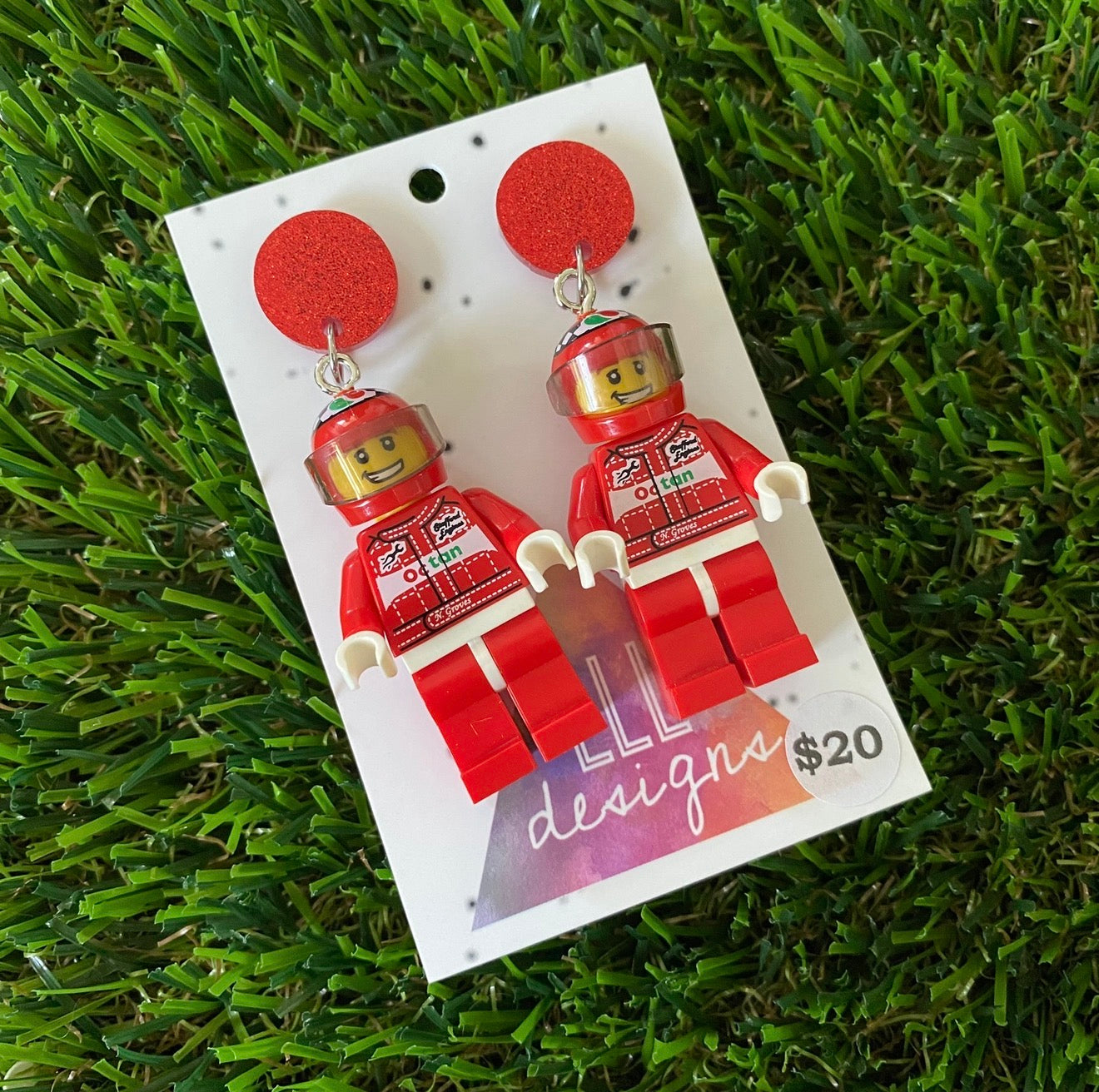 Race Car Driver Brick Character - Featuring Red Glitter Acrylic Tops!