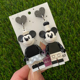 Brick Character Black and White Mouse Couple Dangle Earrings - Featuring Black Glitter Heart Shaped Tops!