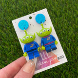 Brick Character Three Eyed Alien Dangle Earrings - Featuring Blue Glitter Tops!