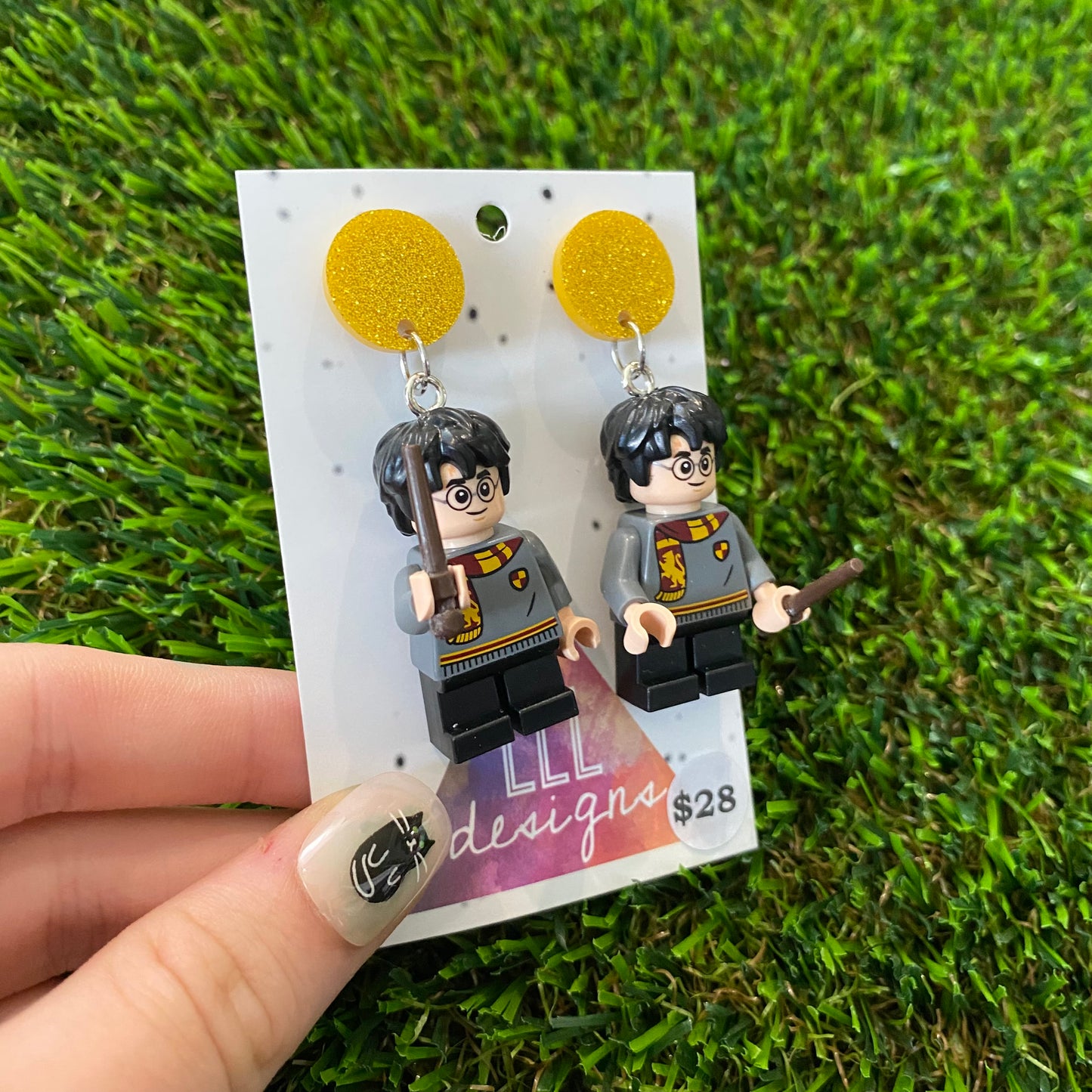 Uniformed Wizard Boy Brick Character with Wand Accessory Dangle Earrings - Featuring a Yellow Glitter Top!