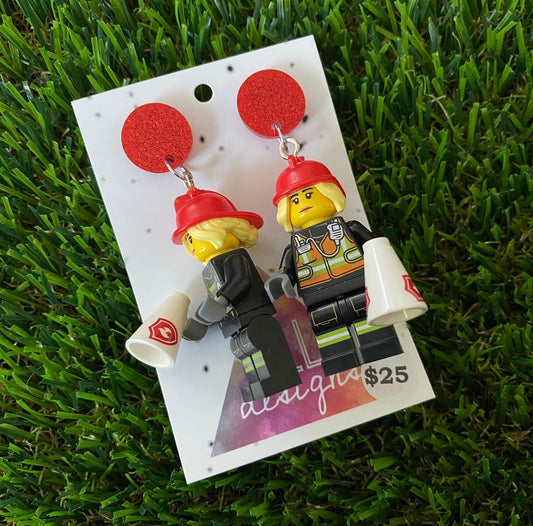 Firefighter Woman Brick Character With Megaphone - Featuring Red Glitter Acrylic Tops!