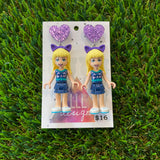 Purple Kitty Girl Brick Character Dangle Earrings - Featuring Purple Glitter Heart Shaped Tops!