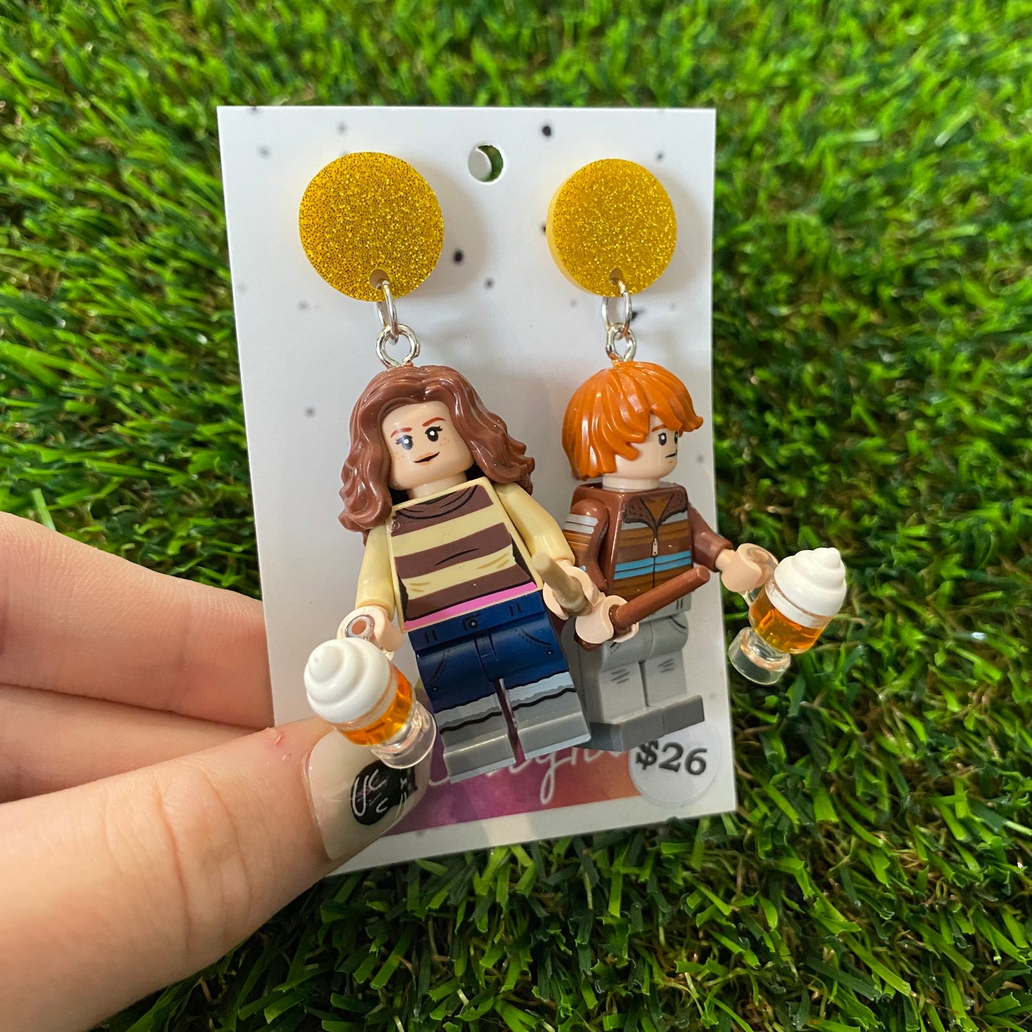 Wizard and Witch Duo Brick Characters with Butter Beer and Wands Dangle Earrings - Featuring Yellow Glitter Tops!