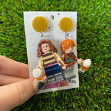 Wizard and Witch Duo Brick Characters with Butter Beer and Wands Dangle Earrings - Featuring Yellow Glitter Tops!