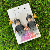 Competitive Wizard Boy Brick Character with Golden Winged Accessory Dangle Earrings - Featuring Surgical Stainless Steel Silver Hoops