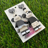 Brick Character Black and White Mouse Couple Dangle Earrings with Accessories - Featuring Black Glitter Heart Shaped Tops!