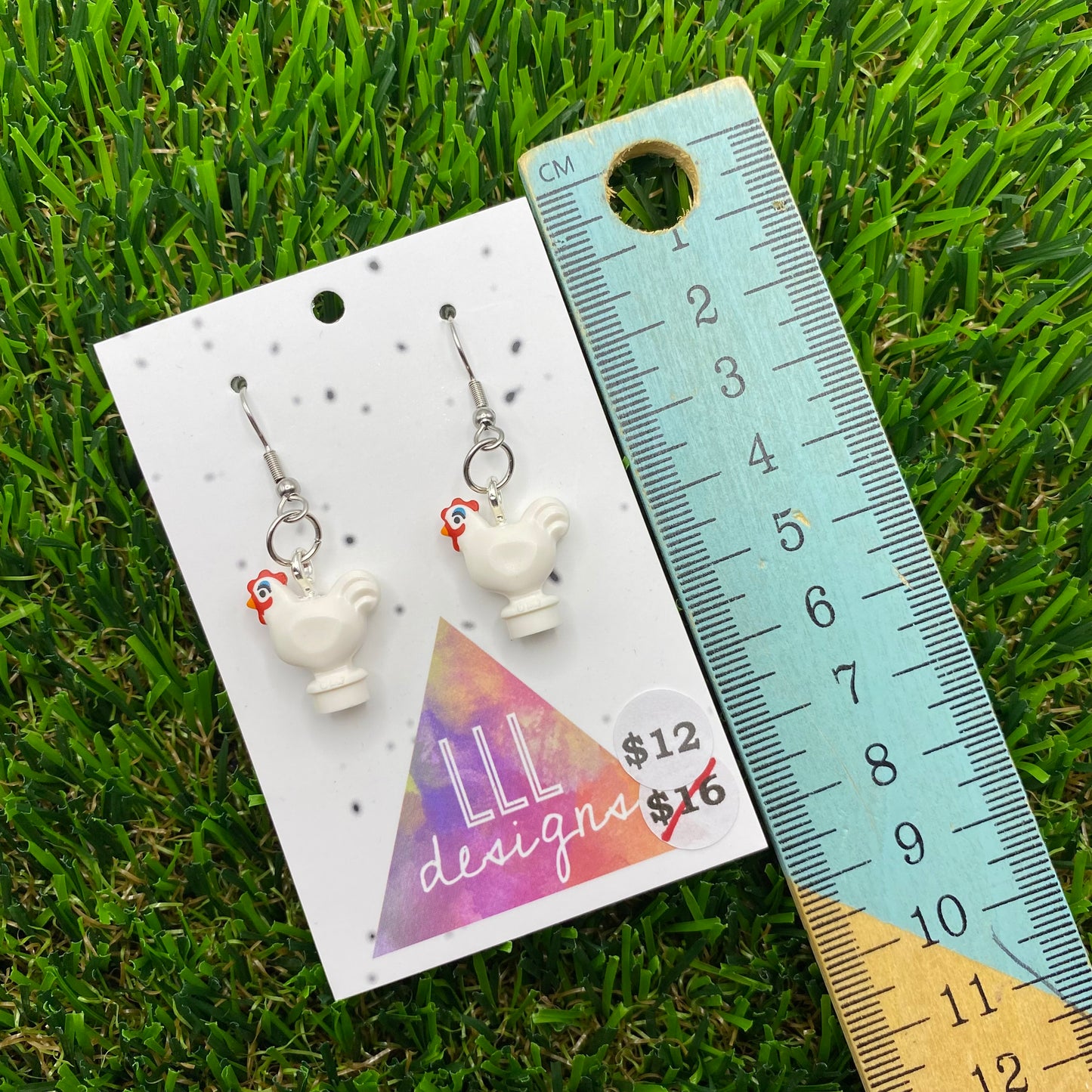 White Chicken/Hen Brick Animal Hook Earrings - Super Lightweight!