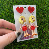 Blonde Cherry Picnic Girl Brick Character Dangle Earrings - Featuring Red Glitter Heart Tops!