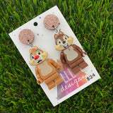 Brick Character Chipmunk Dangle Earrings - Featuring Brown Glitter Tops!