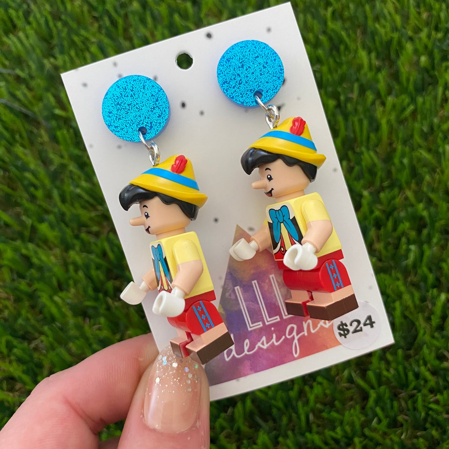 Growing Nose Puppet Boy Brick Character Dangle Earrings - Featuring Blue Glitter Tops!