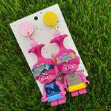Brick Character Pink Girl Punk and Hippie Dangle Earrings - Featuring Pink and Yellow Glitter Tops!