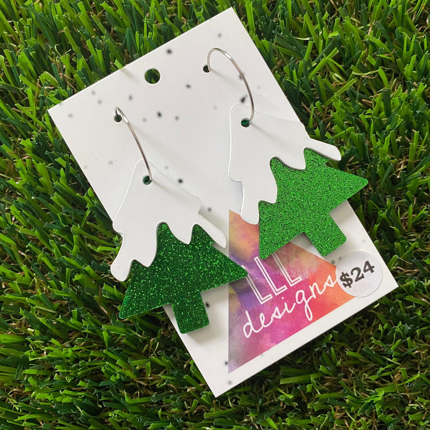 Snow-Capped Glittery Green Acrylic Christmas Tree Hoop Earrings.