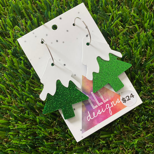 Snow-Capped Glittery Green Acrylic Christmas Tree Hoop Earrings.
