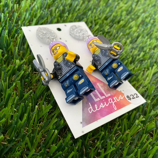 Hairdresser Lady Brick Character With Scissors - Featuring Silver Glitter Acrylic Tops!